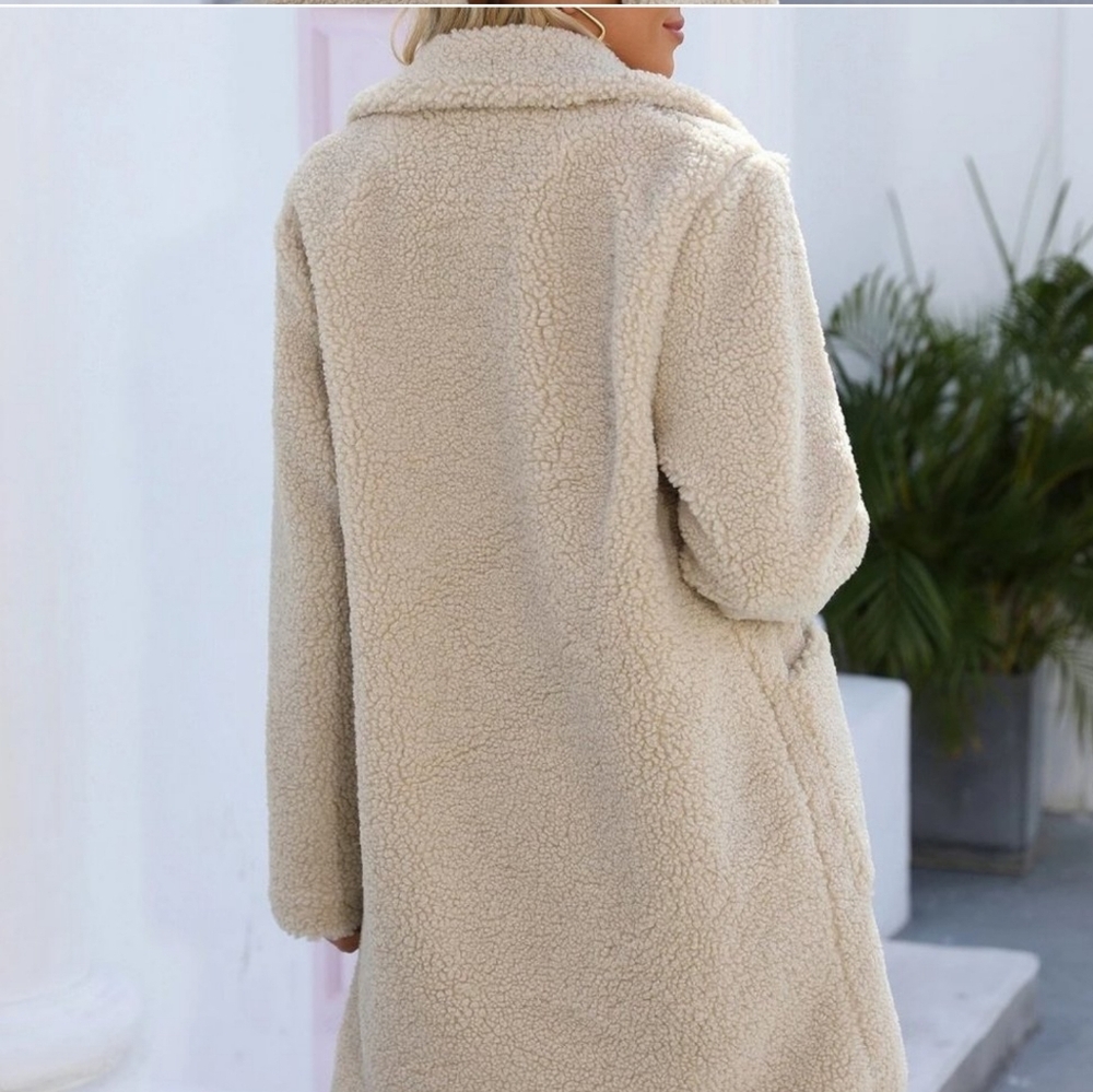 Beige Preppy Womens Double Breasted Lapel Neck Teddy Coat - Picture 2 of 5